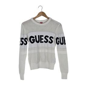 GUESS Logo Mesh Knit Sweater Cream Black Pullover Size S Streetwear
